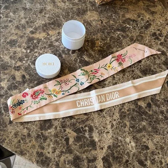 Christian Dior twilly logo floral dusty rose pink neck tie or bag handle scarf - Picture 3 of 7